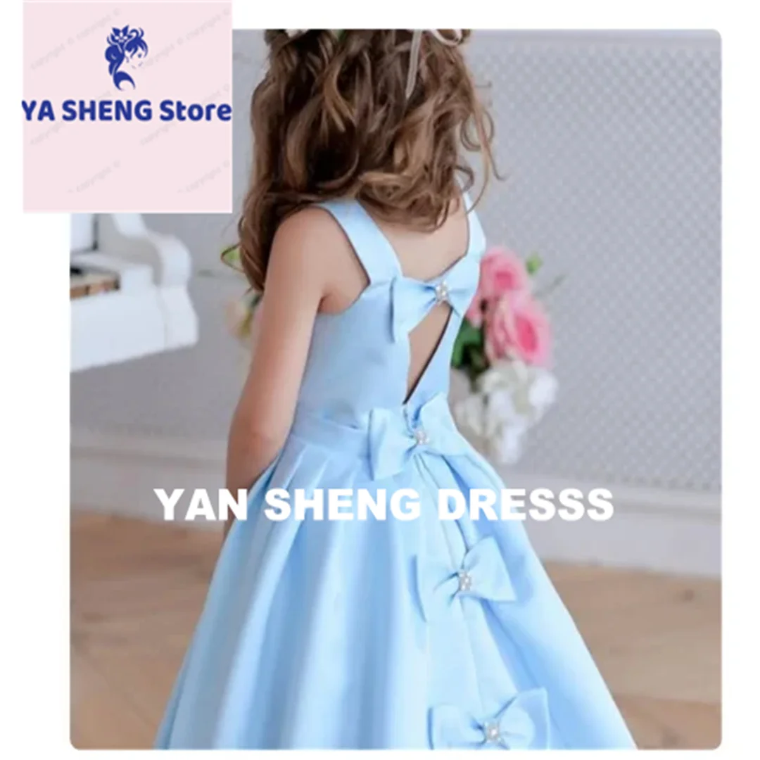 فستان زفاف بناتي مزين بفيونكة زرقاء طويلة بدون ظهر مخصصة لحفلات الزفاف الأنيقة على شكل زهرة صغيرة للأطفال وحفلات التواصل الأول