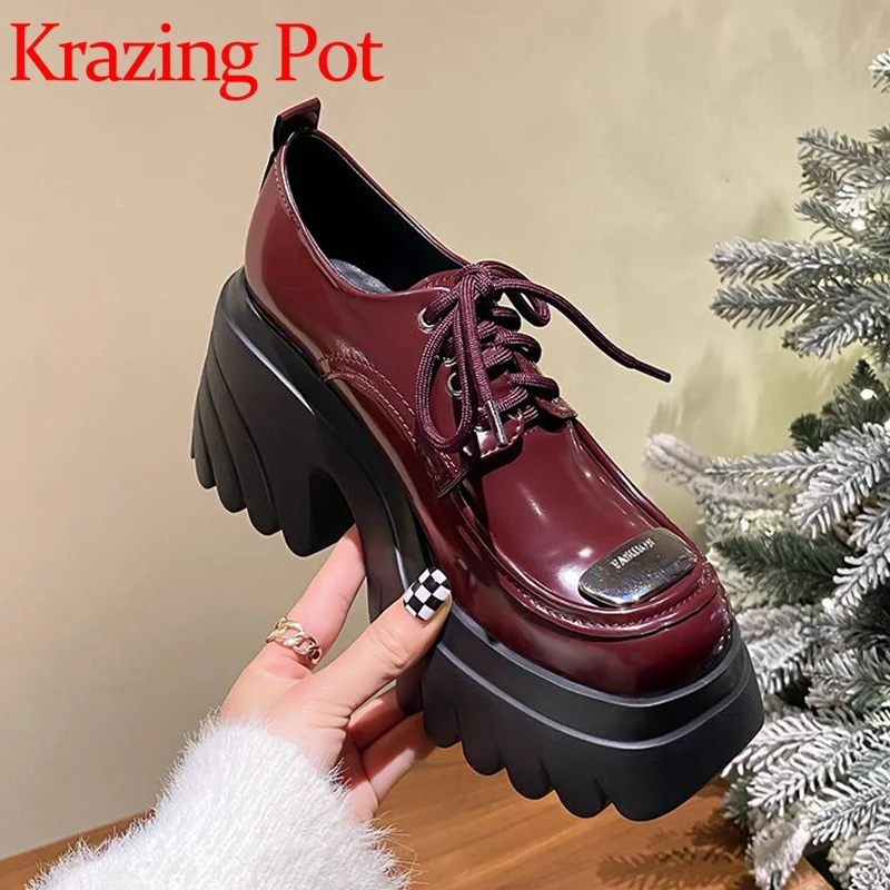 Krazing Pot Sheep Leather Round Toe Thick Bottom Fashion Shoes Metal Decorations Mature Street Wear Punk Lace-up Maiden Pumps