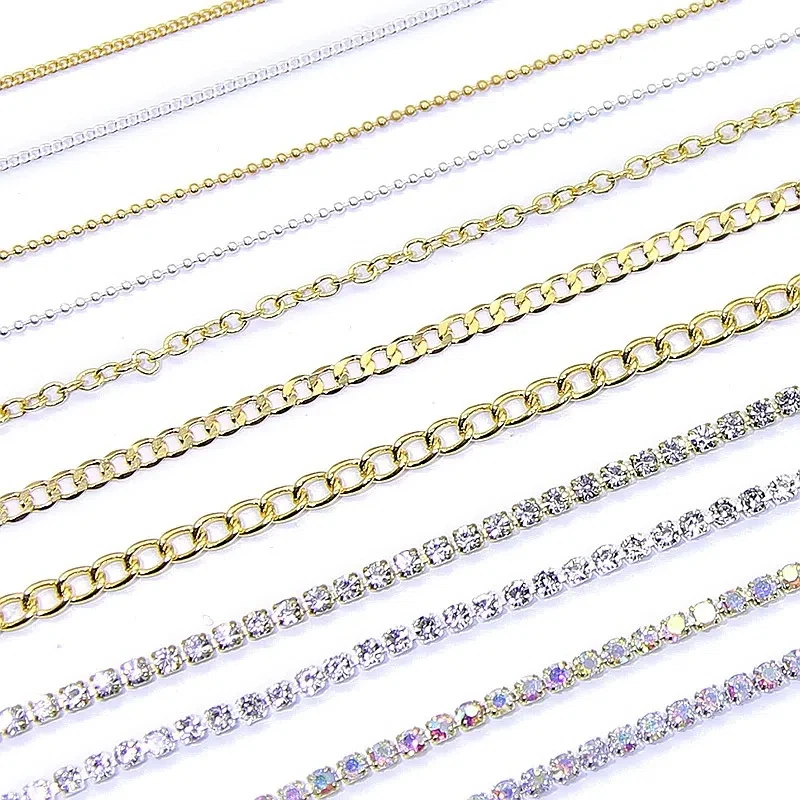 Nail Art Metal Flat Chain Set Gold/Silver Beads Chain Rainbow Diamond Claw Chain Nail Decorations Trendy Manicure Accessories