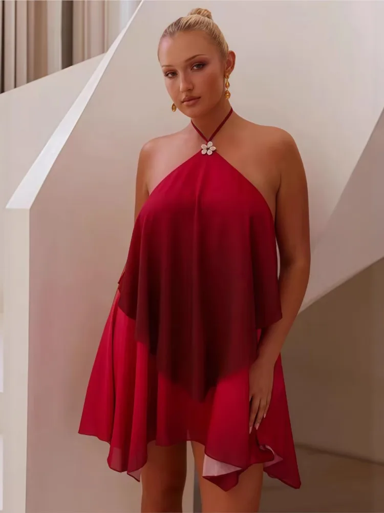 

Halterneck Sleeveless Dress Women's Summer Women's New Personalized Mesh Gradient Color Halterneck Loose Dress Платье Женское