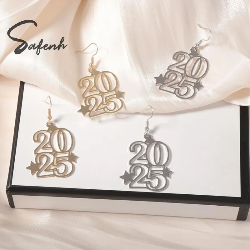 Creative Gold Silver Number 2025 Dangle Earring for Women Fashion New Year Party Earrings Simple Elegant Ear Jewelry Gift