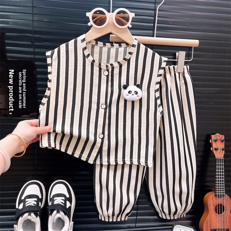 2026 New Korean Style Children's Summer Striped Outfit Thin Two-Piece Set for Boys Girls Infants Baby Korean Style Set