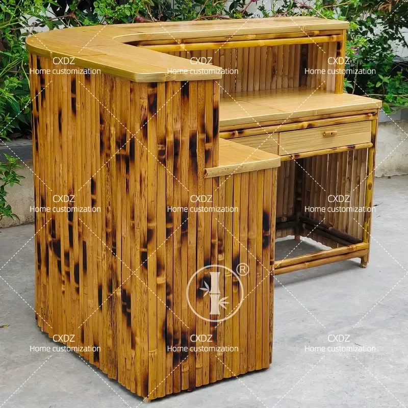 Bamboo Checkout Counter Reception Desk Curved Bar for Shop Corner Creative Fruit Store Restaurant Bamboo Service Counter