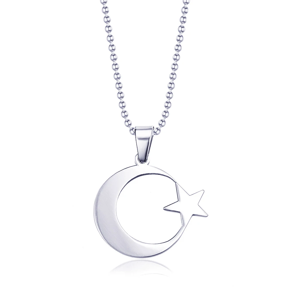 Men's Women's Spirit Stainless Steel Crescent Star Necklace Islamic Muslim Amulet Pendant Turkish Religious Jewelry Accessories