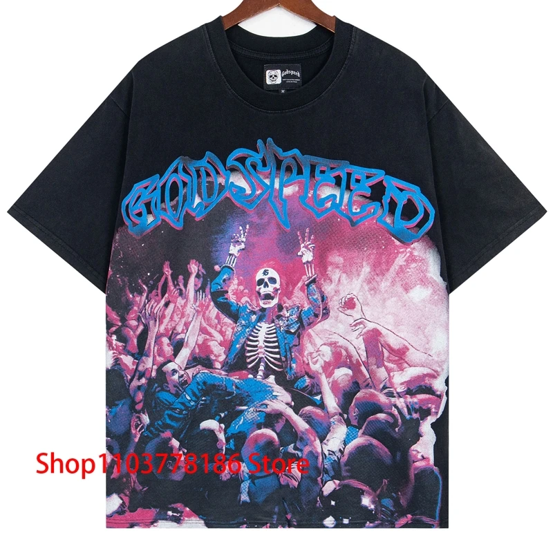 

Retro GOD SPEED T-shirt Men Women Daily All-match Round Neck Short Sleeve Godspeed Top Tee Hip Hop Rock Skull Streetwear