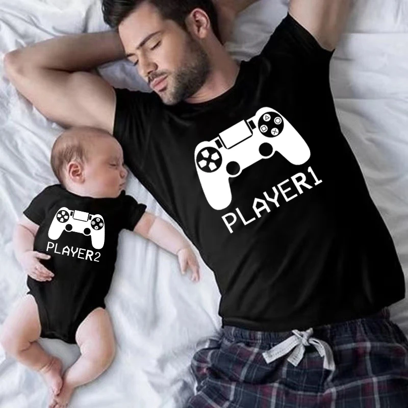 Cotton Family Matching Father Baby Outfit Gamer Player 1 Player 2 Print Look Dad T Shirt Baby Bodysuit Family Matching Shirts