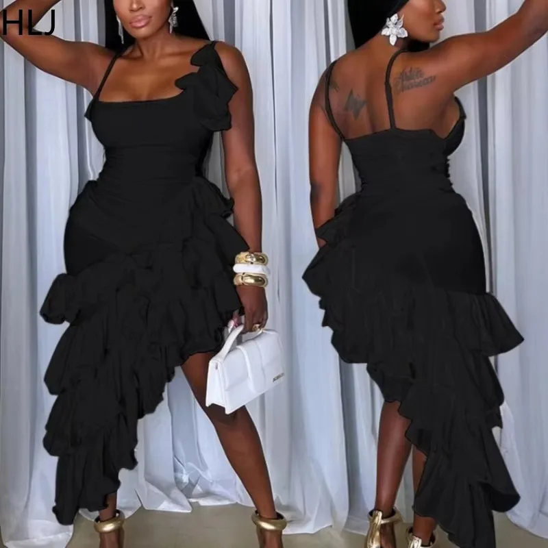 Hlj sexy babados irregular retalhos bodycon vestido feminino cinta de espaguete sem mangas vestidos sem costas feminino noite clube vestidos