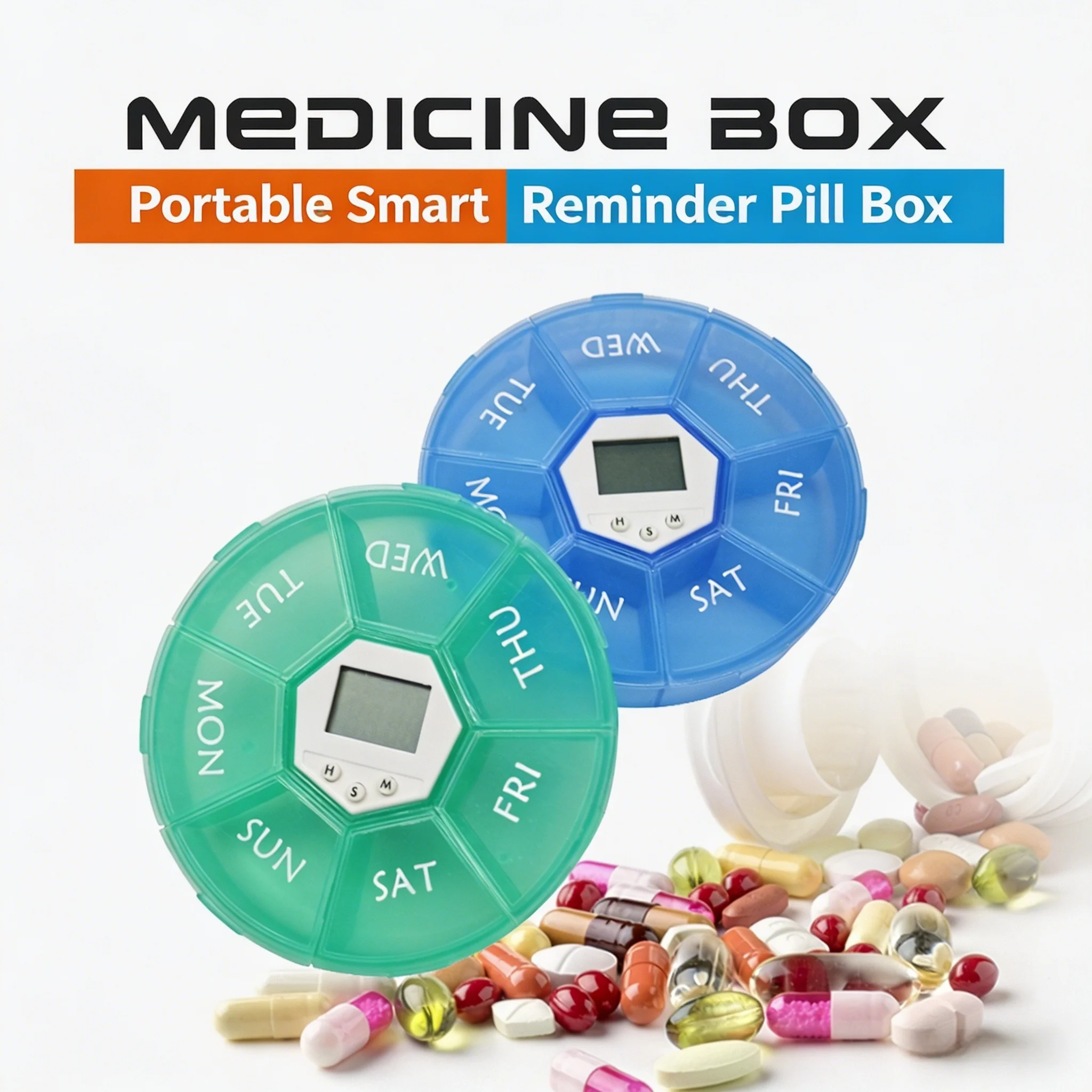 Smart Alarm Pill Organizer Round 7-Day Weekly Travel Pill Case with Timer, Portable Mini Pill Dispenser