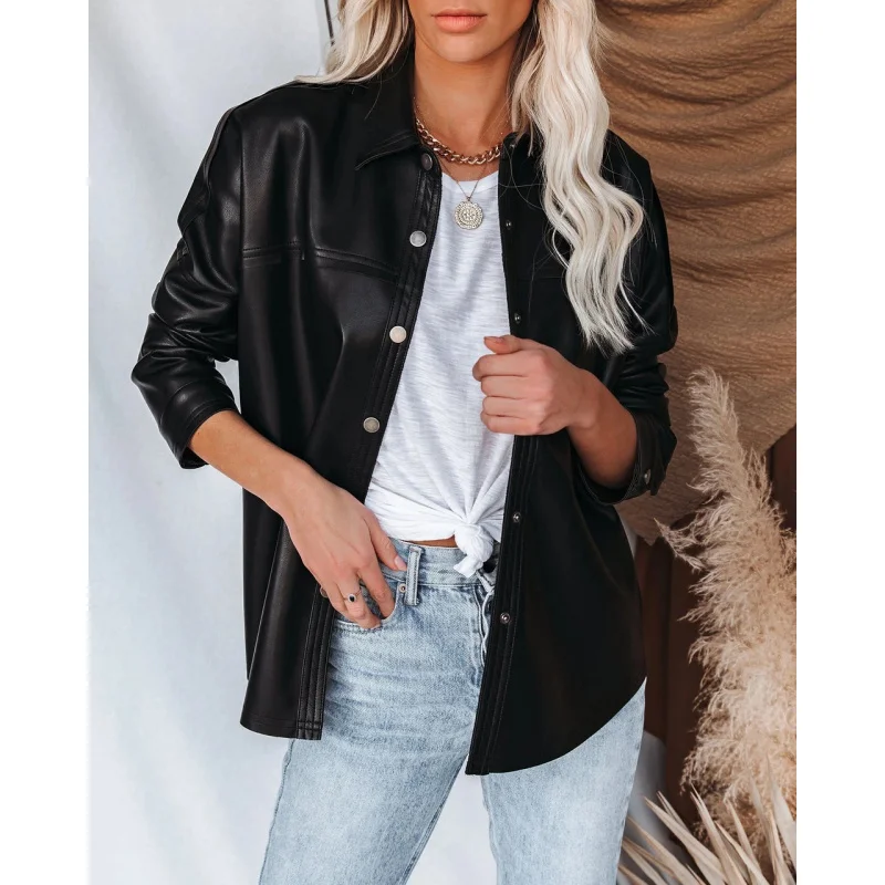 

Street Fashion Style European and American Autumn Winter Turn-Down Collar Casual Two-Color Long Sleeve Leather