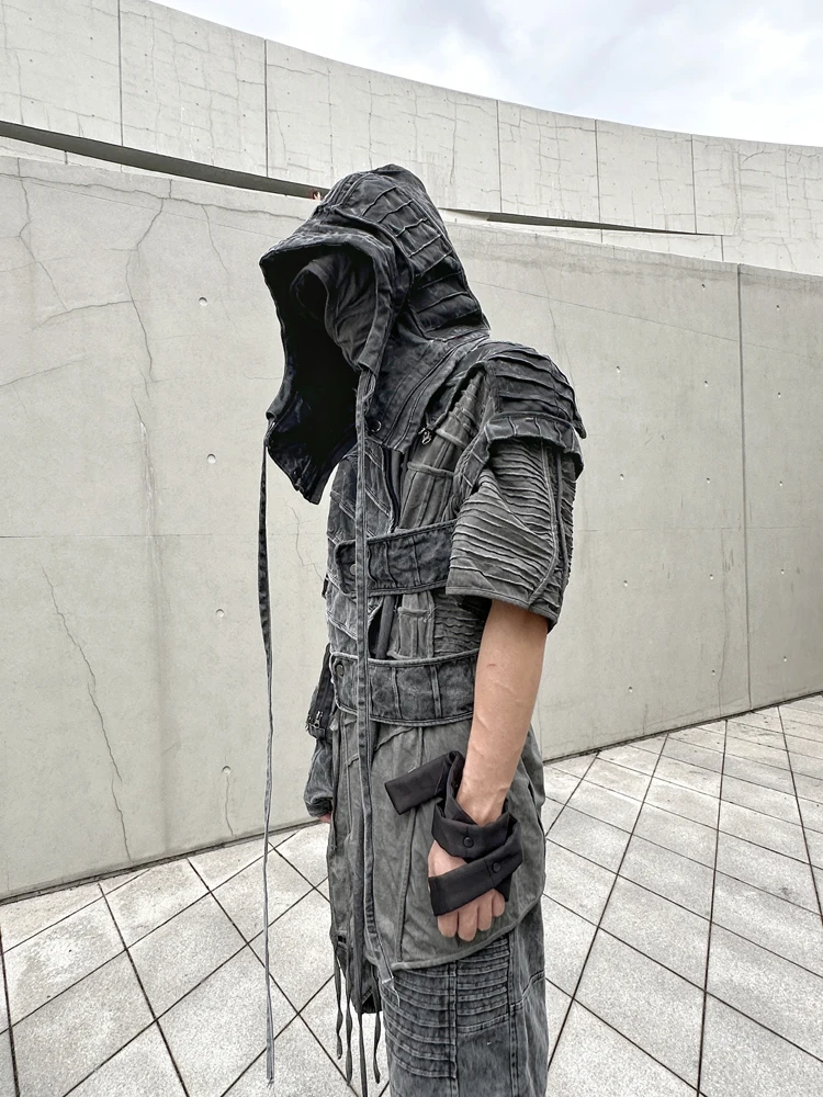 Casaco Assimétrico com Chapéu para Homens e Mulheres, Roupa Original, Avant-Garde, Wasteland Techwear, Designer