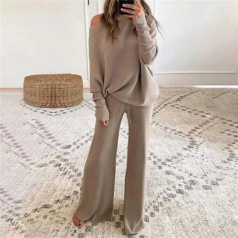 2pcs Pant Suits Women Pajamas Outfits Knitted Loose Casual Pullover Homewear Elastic Waist  Autumn Winter Tracksuits Pajama