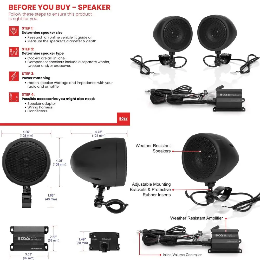 

MCBK420B Bluetooth Speaker System - Class D Compact Amplifier, 3 Inch Weatherproof Speakers, Volume Control, Great for Use with