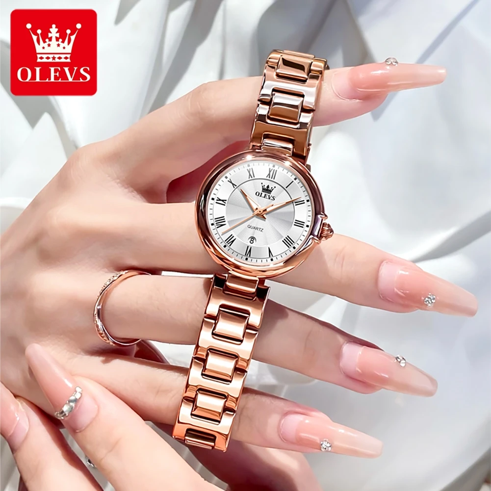 OLEVS Women Quartz Watch Fashion Rose Gold Stainless Steel Strap Waterproof Analog Wristwatch with Calendar Reloj Hombre