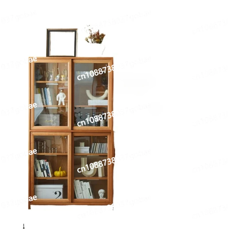 ZK furniture all solid wood bookcase rattan storage living room glass door free combination lattice cabinet