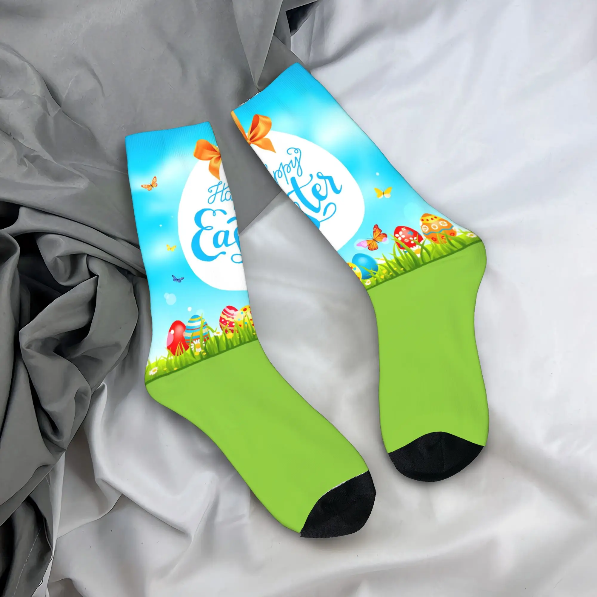 

Vibrant Easter Card with Eggs Socks Funny Stockings Men Breathable Running Socks Spring Design Non Slip Socks