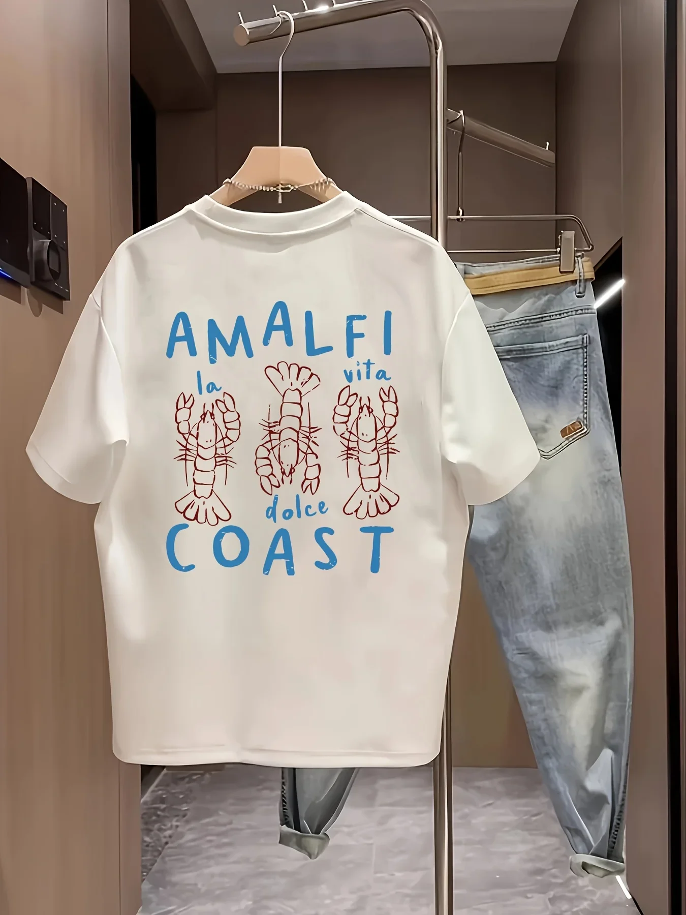 Camiseta de la Costa de Amalfi para hombre, con gráfico de langosta, informal, de algodón, de manga corta, ropa de calle de verano