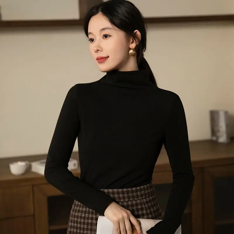 

2025 New Autumn Winter Velvet Undershirt Long Sleeve T-shirt Blouses Women Warm Half Turtleneck Velvet tShirt Female Velvet Top