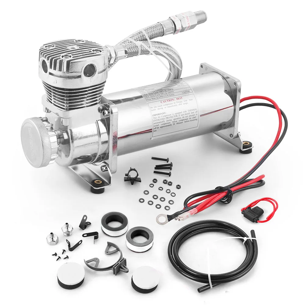 Universal 1/4NPT or 3/8NPT 200PSI 480C 12V Air Suspension Compressor Pump Kit Chrome