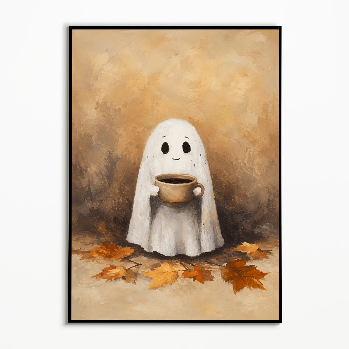 2D Flat, 1pc, Halloween Cute Holding Coffee Poster, Vintage Autumn Maple Leaf Imp Wall Art, Cozy Halloween Autumn Frameless C
