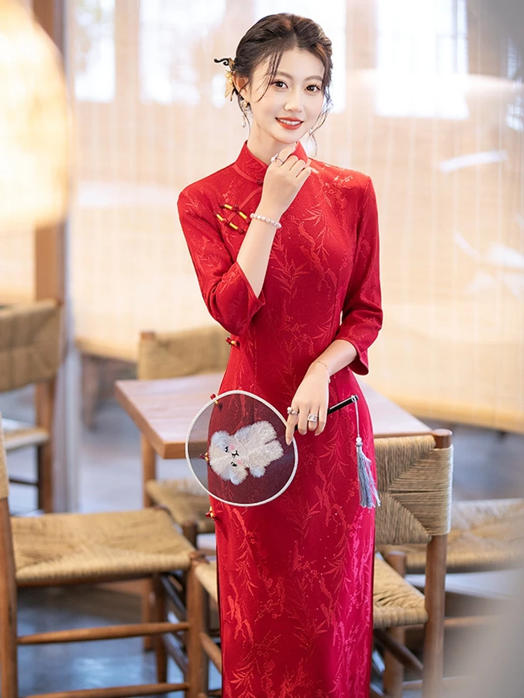 

Young Sle Suzhou Lace Embroidery Slimming Fit Wedding Dr Mid-Length Gown High Slit Breathable Fabric