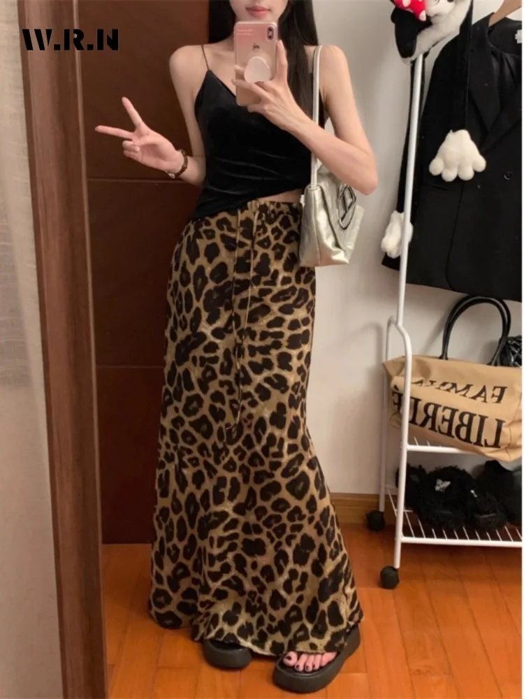 

2024 Summer Vintage Street Leopard Print Mid Long Skirt Women Casual High Waist Retro Sexy Drawstring A-Line Elastic Waist Skirt