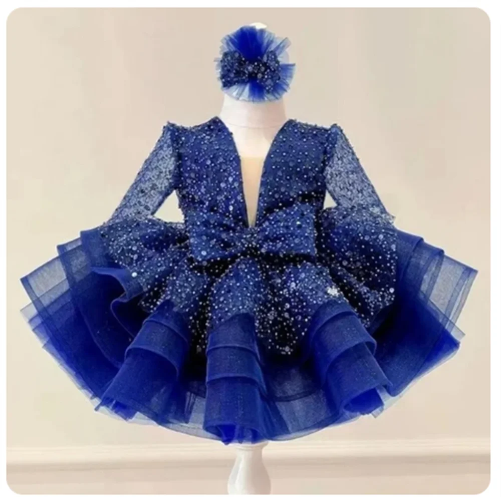 Paarse Organza Schattige Bloem Meisje Jurken Glitter Lovertjes Glanzend Gezwollen Met Strik Fit Bruiloft Prinses Baljurken