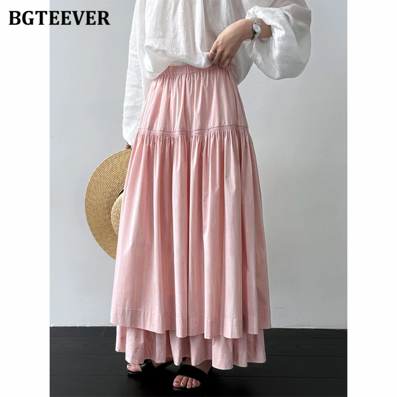 

BGTEEVER Korean Style Elegant Double-layer Ruffle Midi Skirt for Women, Summer Flowing Cake Skirt