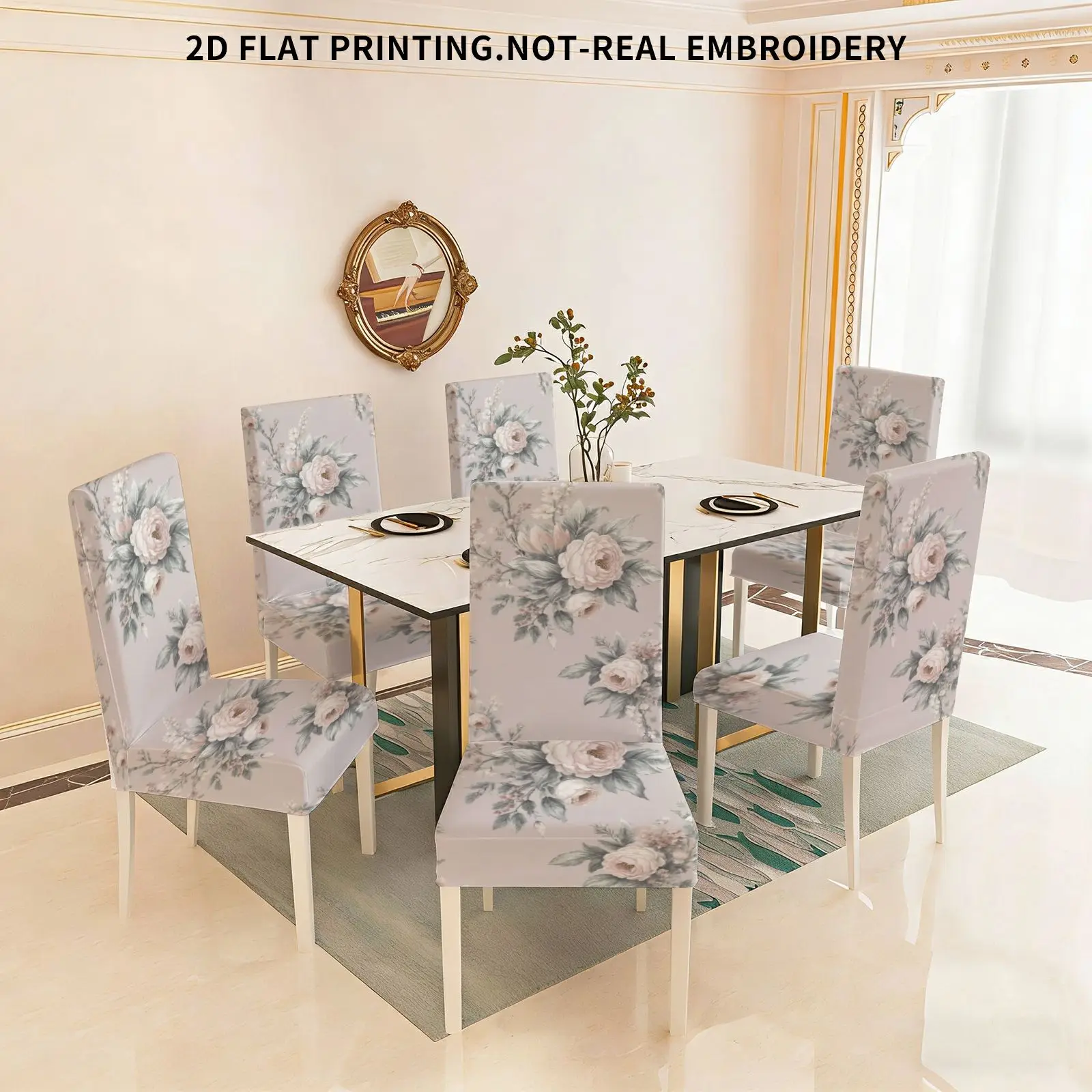 

Flat print stretch dining chair set, romantic vintage floral pink rose and white flower embellishment pattern