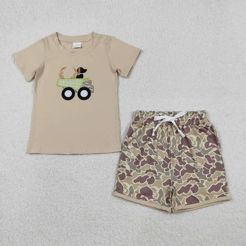 

Baby Boys Khaki Embroidery Deer Truck Top with Camo Shorts Hunting Themed Clothing Set for Little Ones