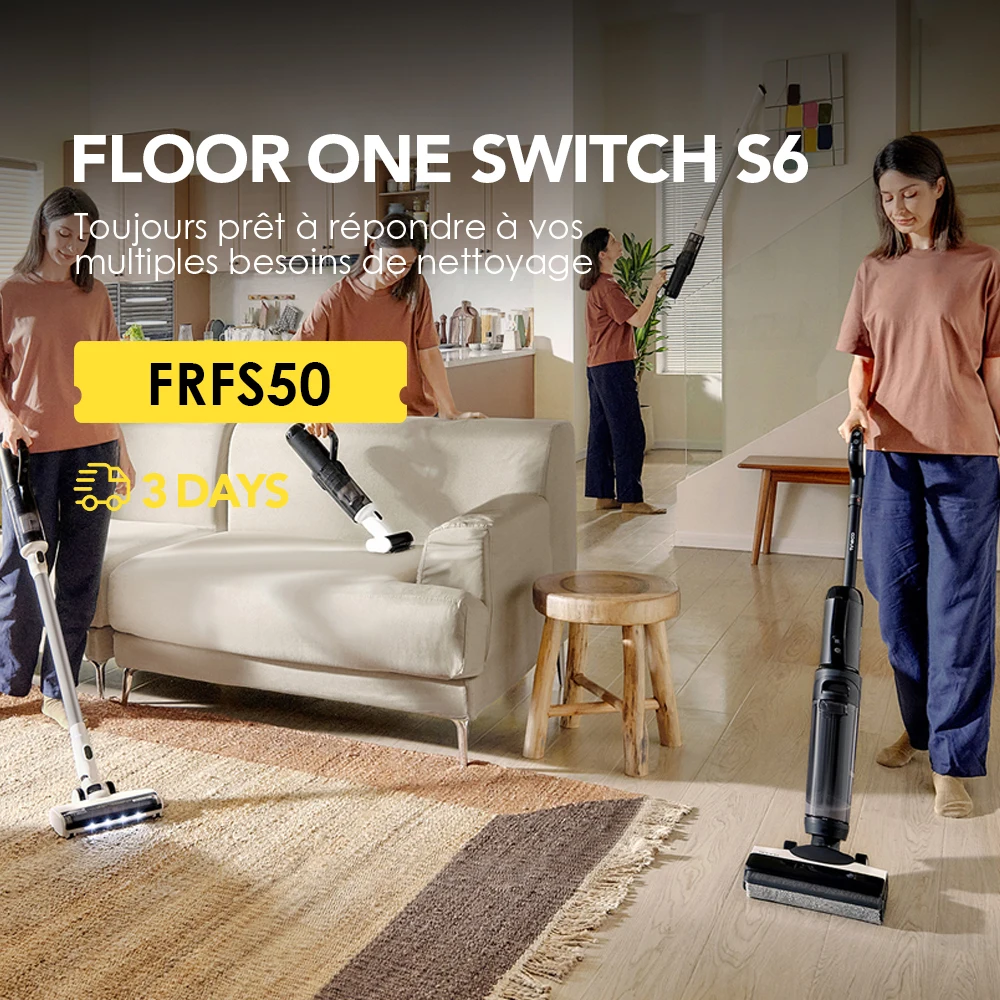 Tineco Floor One Switch S6 Nettoyeur de Sol, Aspirateur Eau et Poussière sans Fil 5-en-1, Séchage Flash en 5 Min, Auto-Nettoyage, Brosse ZeroTangle, Nettoyage Angles des 2 côtés