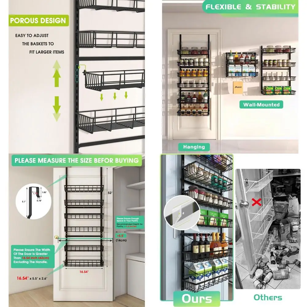

Органайзер для кладовой над дверью, хранение и организация в кладовой, 6-ярусные регулируемые подвесные корзины, металлическая настенная полка для специй