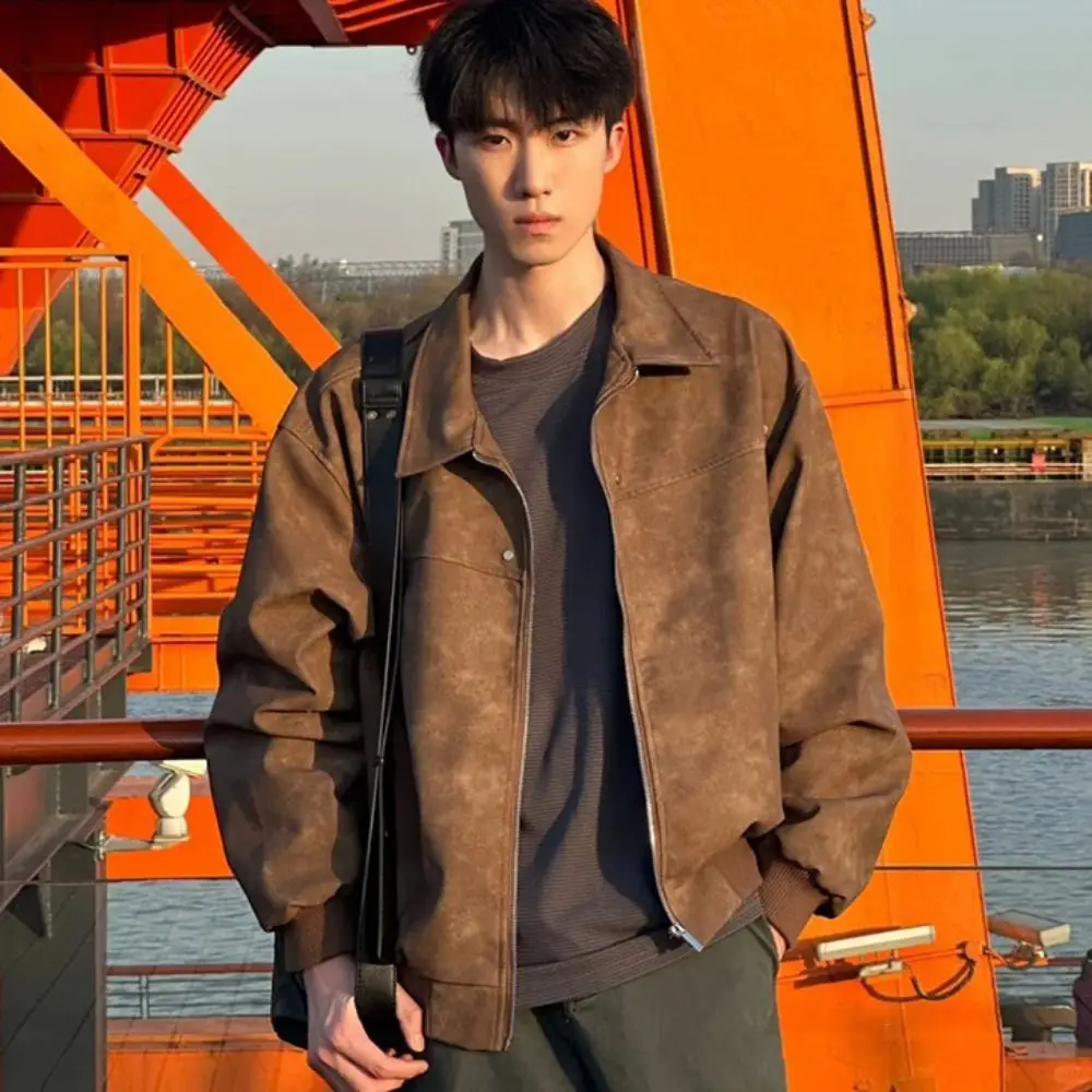 

Loose Fit Men Jackets Solid Color Long Sleeves Turn Down Collar Jacket Thick Windproof Zipper Coat Outdoor Activities