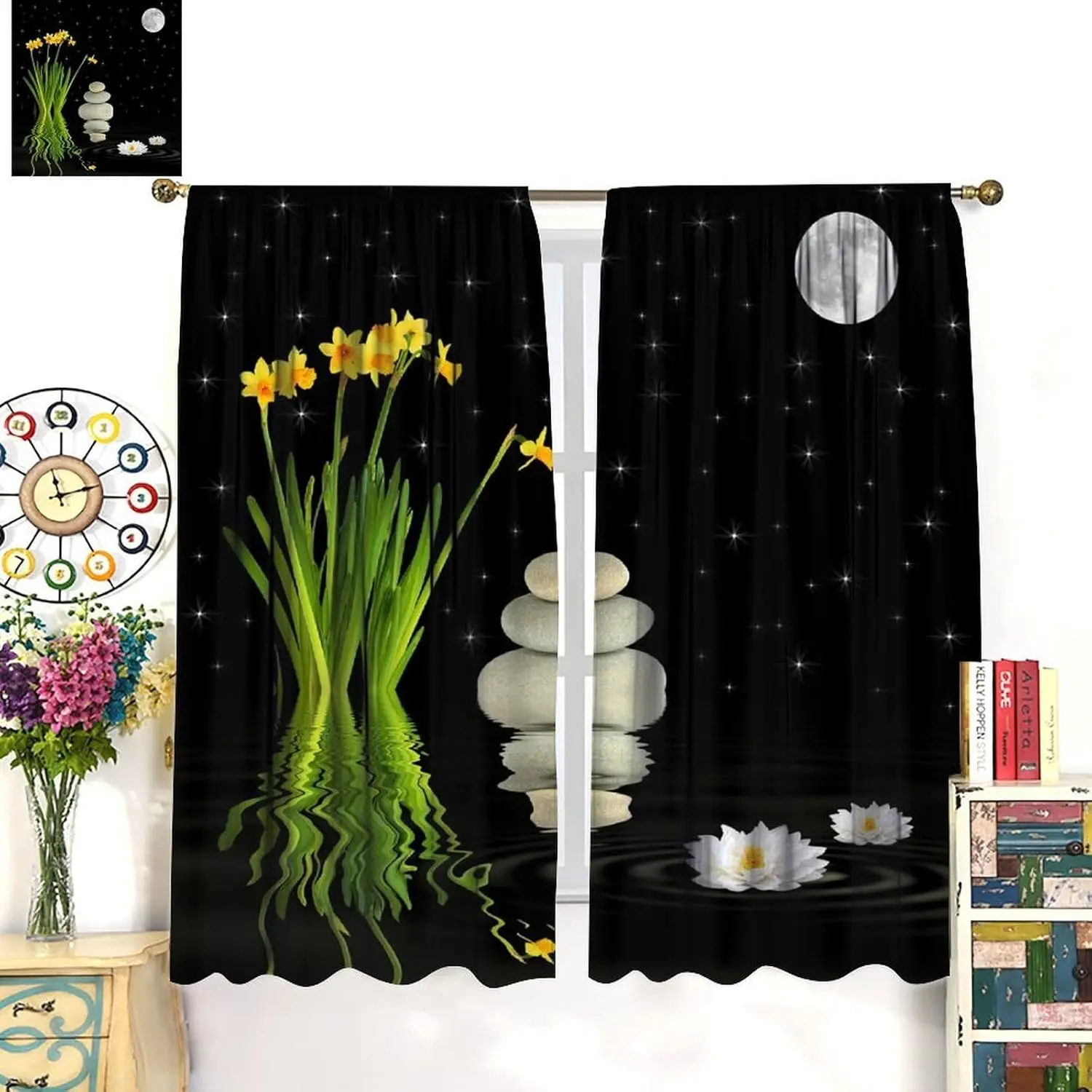 Zen Spa Curtains, Asian Japanese Bamboo Stones Floral Lotus Garden Spa Theme Window Drapes, for Bedroom Living Room (Decorative)