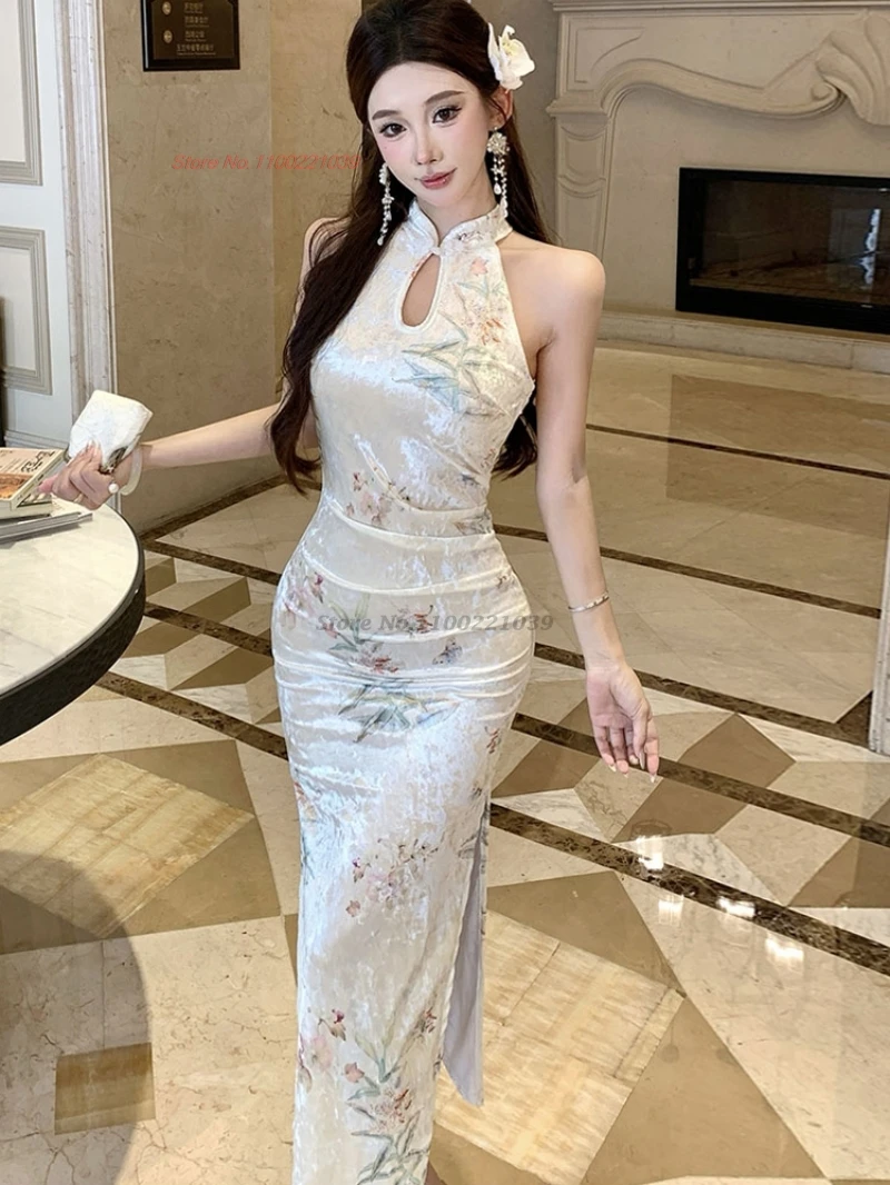 

2025 chinese sexy cheongsam velvet qipao dress vintage flower print evening dress traditional banquet nightclub dress qipao