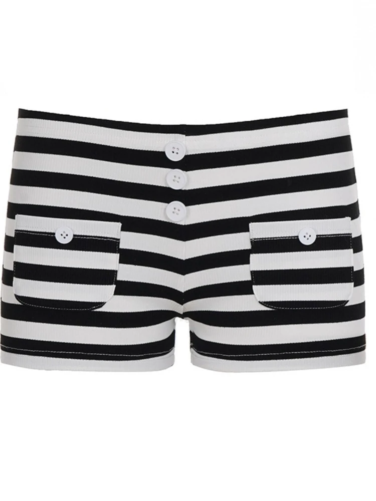 SsTss شورت مخطط منخفض الخصر على طراز الشارع الأمريكي مزين بأزرار سراويل قصيرة ضيقة غير رسمية سراويل نسائية مضلعة مرنة ساخنة