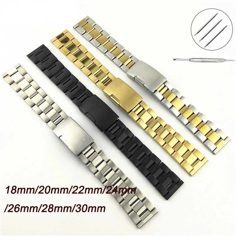 Solid Stainless Steel Watchband 16mm 18mm 20mm 22mm 24mm 26mm 28mm 30mm Universal Wrist Band Straps Accessories Folding Buckle