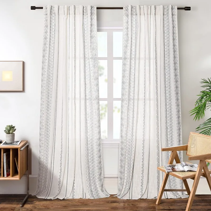 Boho Curtains 84 Inches Long Light Filtering Cotton Window Draperies for Living Room Back Tab Farmhous Privacy Curtains