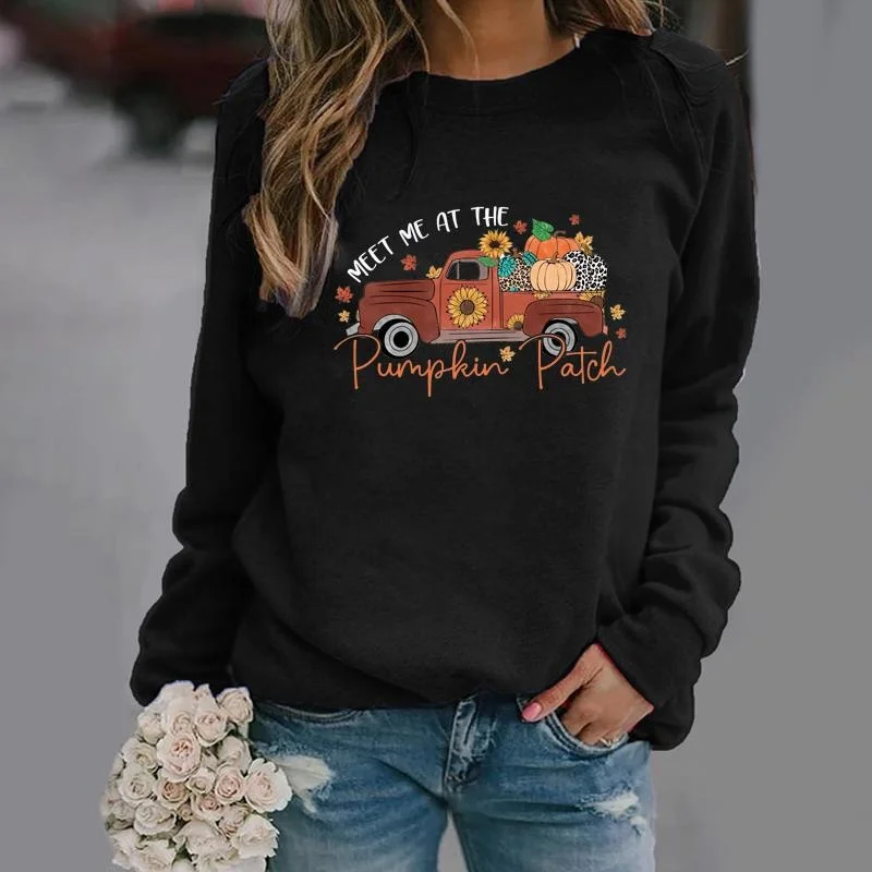 Women\'s Fall Funny Pumpkin Pattern Print Sweater Fashion Fall Long Sleeve Round Neck Sweater Pullover