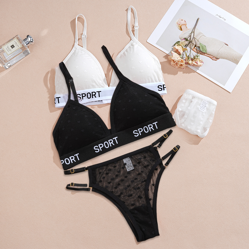  2CPCS/Set Women Dot Lace Bras Set Wireless Push Up Brassiere Transparent Sexy Brazilian Panties Bikini Female Letter Tops Solid 