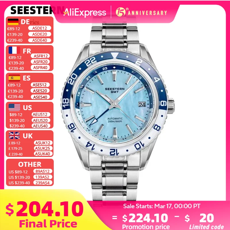 SEESTERN Men of Watch Office GMT Automatic NH34 Movement Sapphire Glass Bezel 20bar Waterproof Diver Mechanical Wristwatch S456