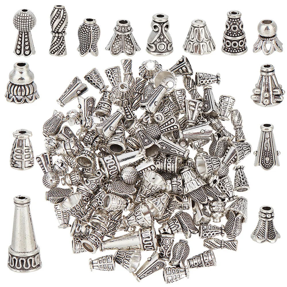 1 Box 100g Bead Cone Caps Tassel Bead Caps Alloy Metal Silver Assorted Random Styles Floral Cone Beads Loose Spacers Bulk