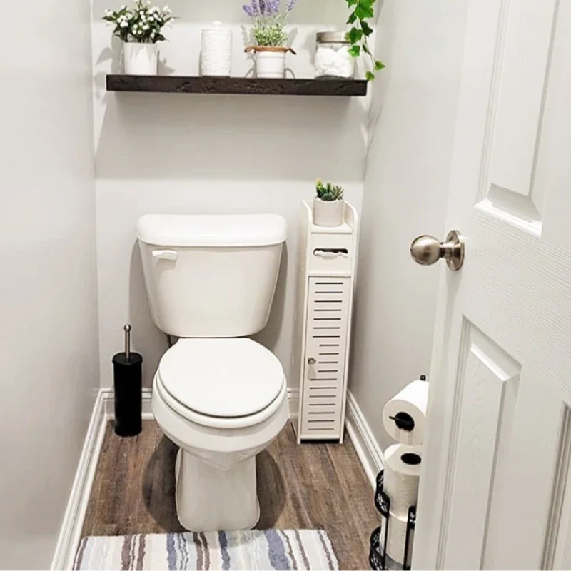 Small Bathroom Corner Floor Cabinet Narrow Toilet Vanity Organizer Bath Sink Storage Shelf with Towel and Paper Holder