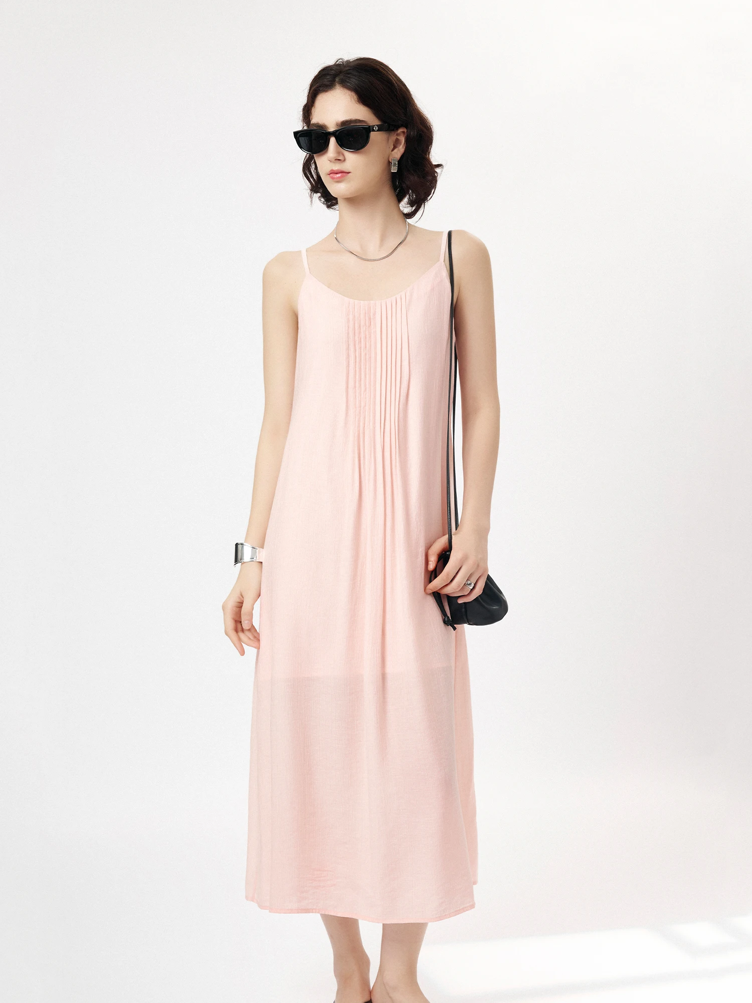 

CLMX Summer Pure Color Commute Dr Cool Viscose Nylon Blend Fabric Pleated Strapl Dr Loose Waist A-Line Skirt