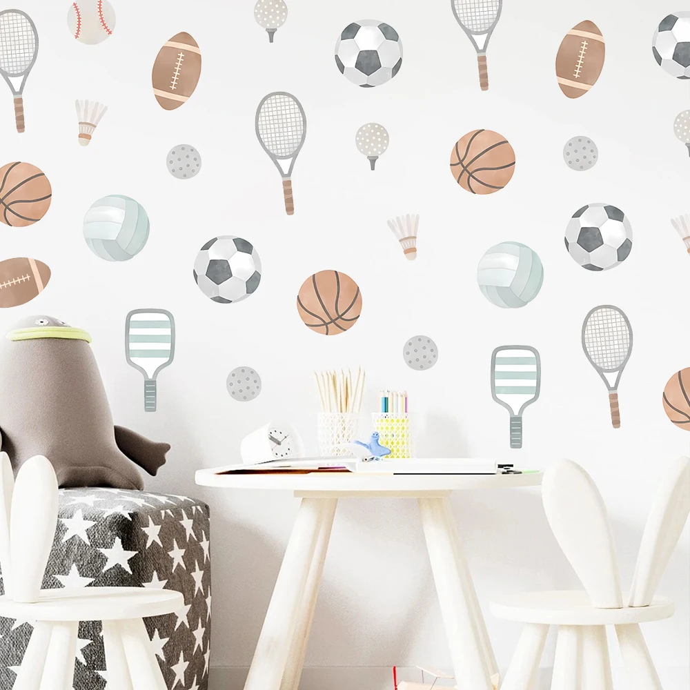 Creative Cartoon Sports Balls Wall Stickers, Removable Soccer Basketball Football Tennis Pattern Wall Decals for Boys Bedroom view 2