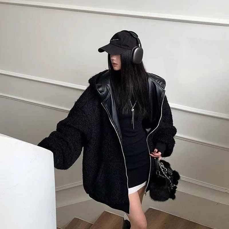 Chic Fleece Pu Reversible Women Jacket Hooded Zip Up Oversized Black Grunge Y2K Streetwear Loose Baggy Winter Coat Top