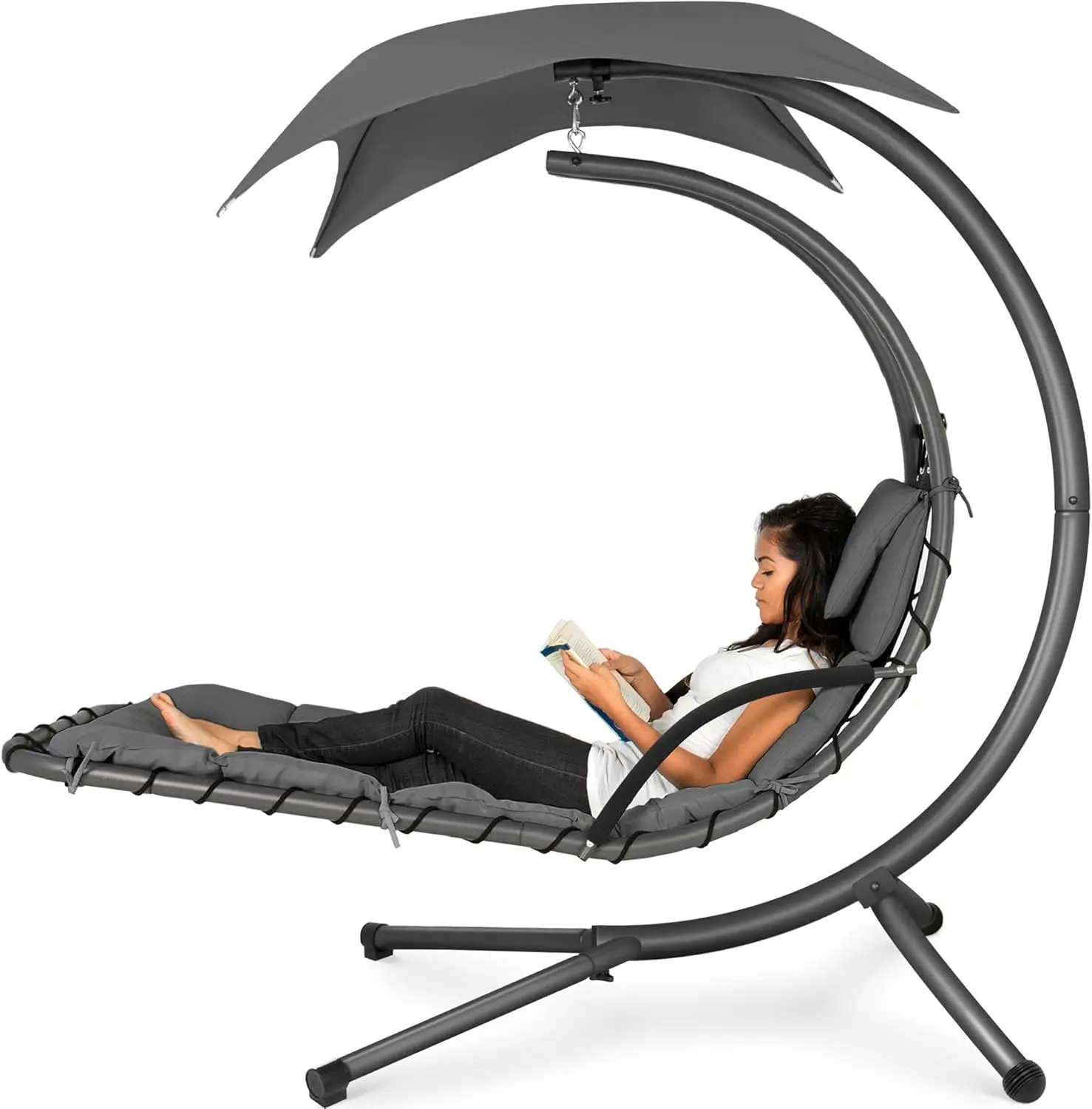 Outdoor Hanging Curved Steel Chaise Lounge Chair Swing w/Built-in Pillow and Removable Canopy