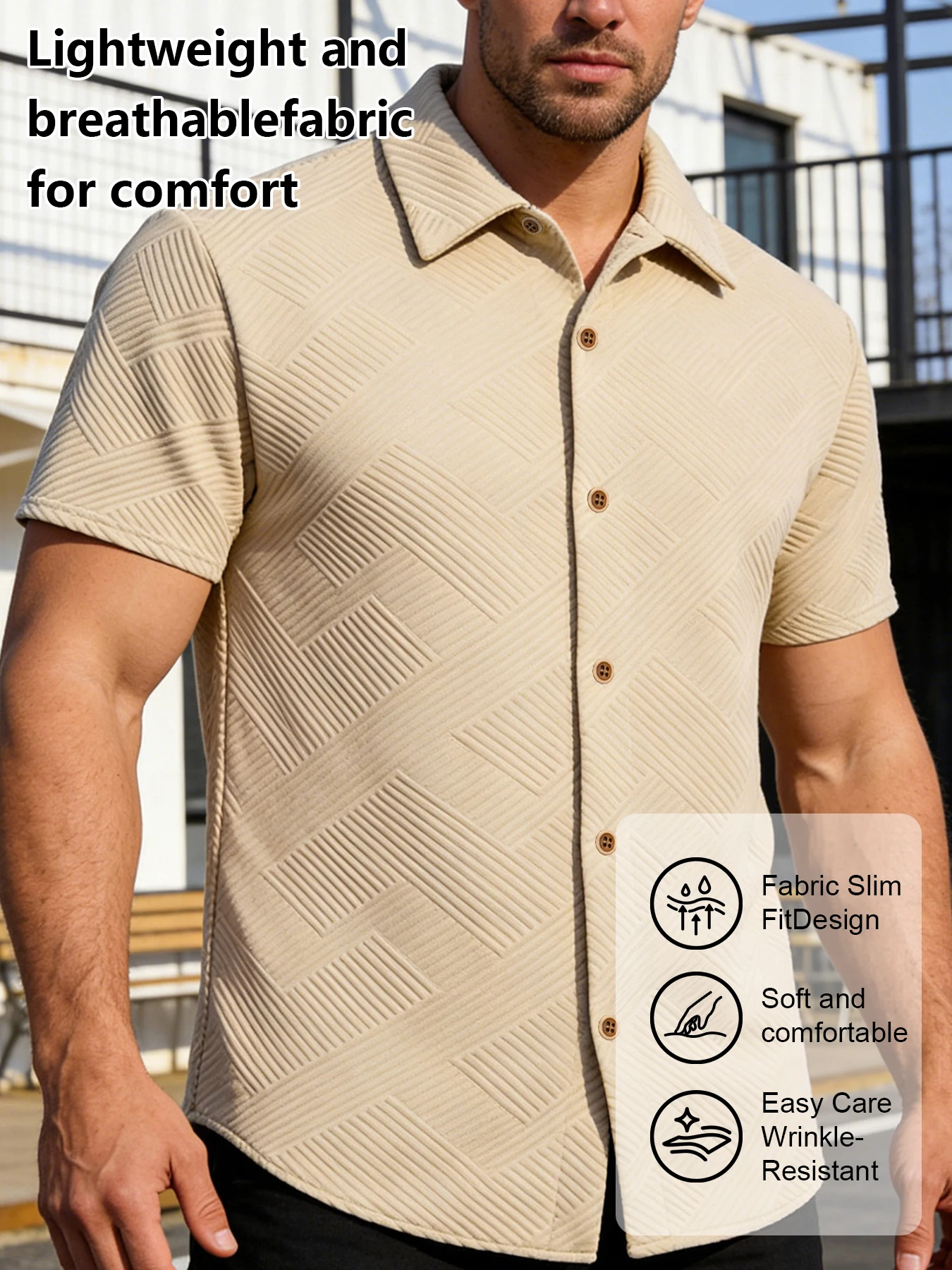 Men Muscle Fit Textured Jacquard Short Sleeve Button Up Shirt Geometric Embossed Lapel Shirt Casual Summer Daily Wear Blouse