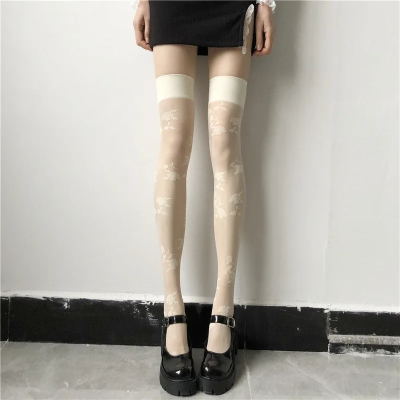 Rose over Knee Socks Stockings Women's Thin Summer Japanese Cute Jk Milky White Thigh Stockings Ins Fashion