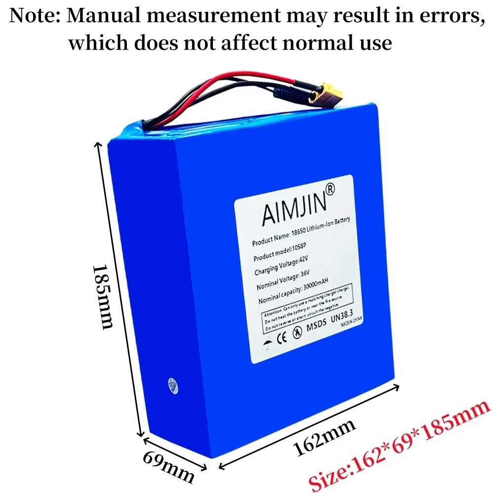 36V 30Ah 18650 10S8P A-class lithium battery pack, 1500W built-in BMS, suitable for various energy storage backup+42V 2A Charger