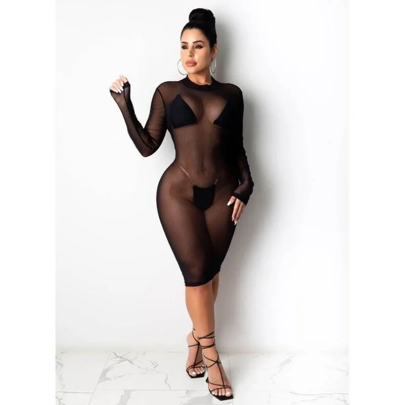 Sexy mangas compridas vestido de malha feminino, vestidos de noite, transparentes, o-pescoço, streetwear apertado, roupa íntima, pijama, loungewear, preto, clube